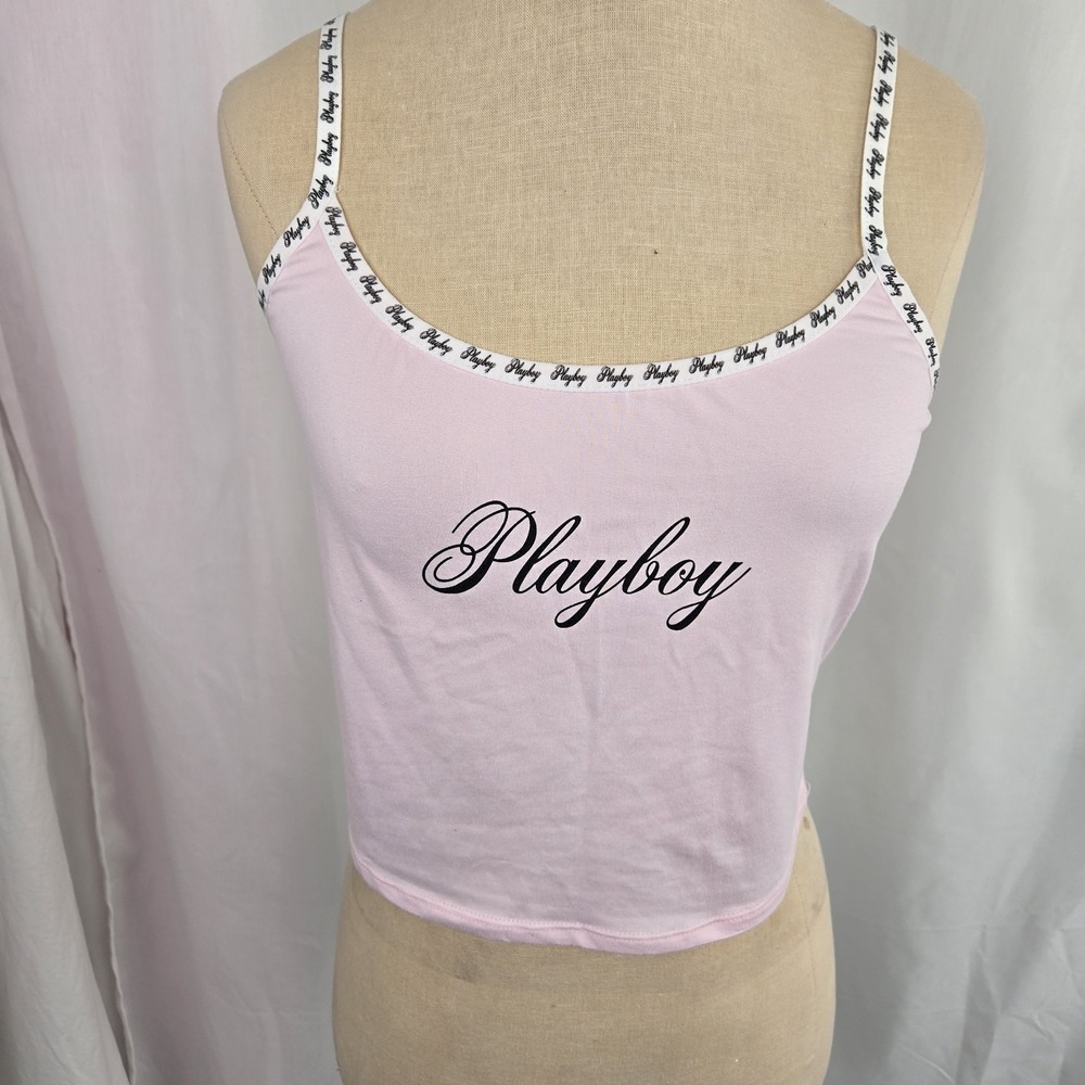 Playboy Pink Cropped Tank Top Logo Straps Womens Size M Baby Tee Cami
